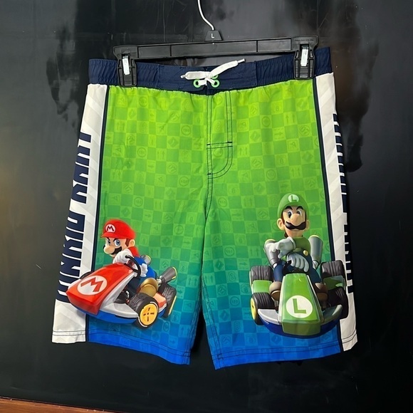 Mario Kart Boys Size L Boardshort Green White Swim Mario Luigi - Picture 2 of 7